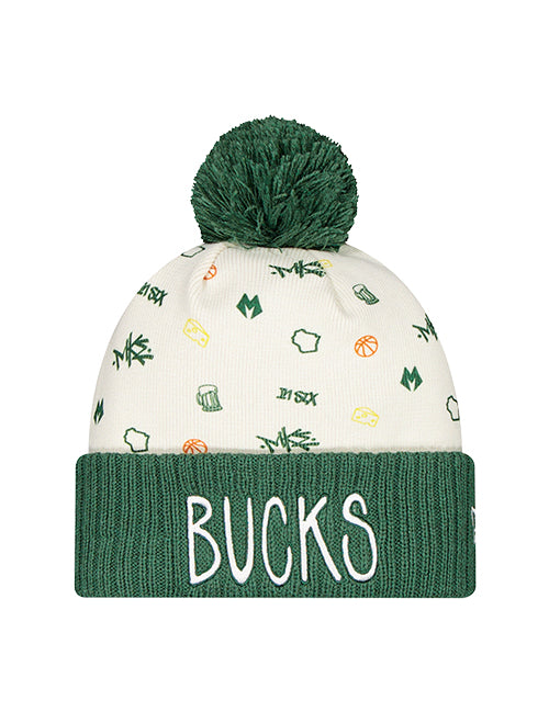 New Era Wisconsin All Over Print Milwaukee Bucks Cuff Pom Knit Hat-front