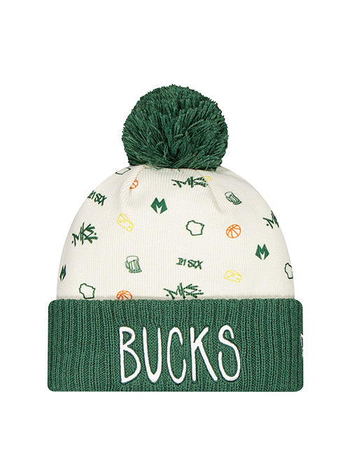New Era Wisconsin All Over Print Milwaukee Bucks Cuff Pom Knit Hat-front