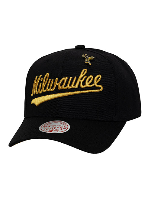 Mitchell & Ness HWC '68 Pro Pinned Gold Milwaukee Bucks Snapback Hat-front