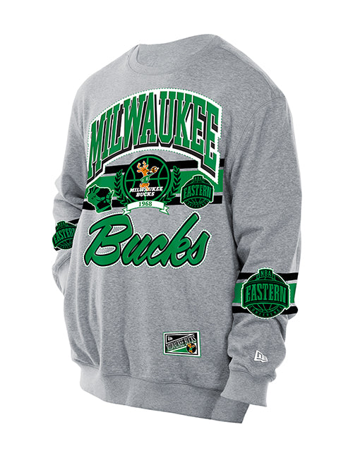 New Era Classics Grey Milwaukee Bucks Crewneck Sweatshirt-front