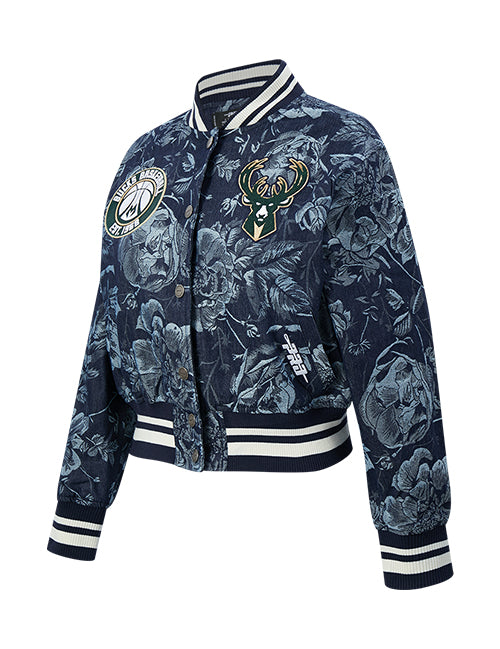 Women's Pro Standard Denim Rose Milwaukee Bucks Cropped Jacket-angled front