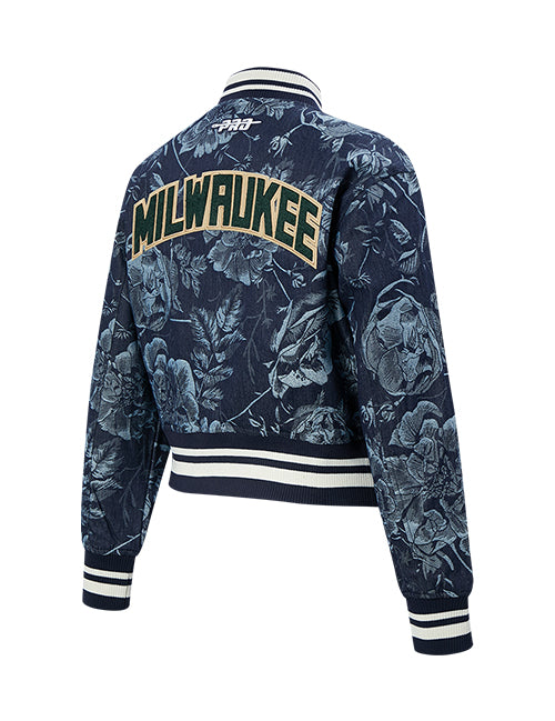 Women's Pro Standard Denim Rose Milwaukee Bucks Cropped Jacket-angled back