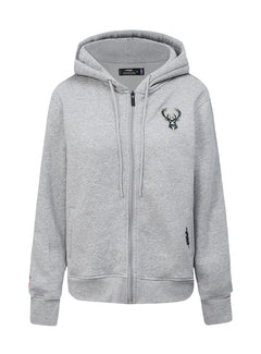 Women's Pro Standard Classic Icon Heather Grey Milwaukee Bucks Full Zip Hooded Sweatshirt-front