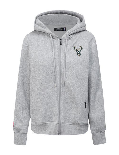 Women's Pro Standard Classic Icon Heather Grey Milwaukee Bucks Full Zip Hooded Sweatshirt-front