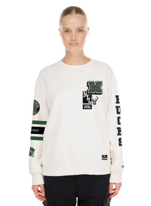 Women's New Era Fan Logos Milwaukee Bucks Crewneck Sweatshirt-front