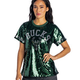 Women's Bucks In Six x The Wild Collective Flash Milwaukee Bucks Sequin T-Shirt-front