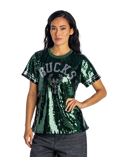 Women's Bucks In Six x The Wild Collective Flash Milwaukee Bucks Sequin T-Shirt-front