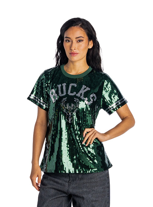 Women's Bucks In Six x The Wild Collective Flash Milwaukee Bucks Sequin T-Shirt-front