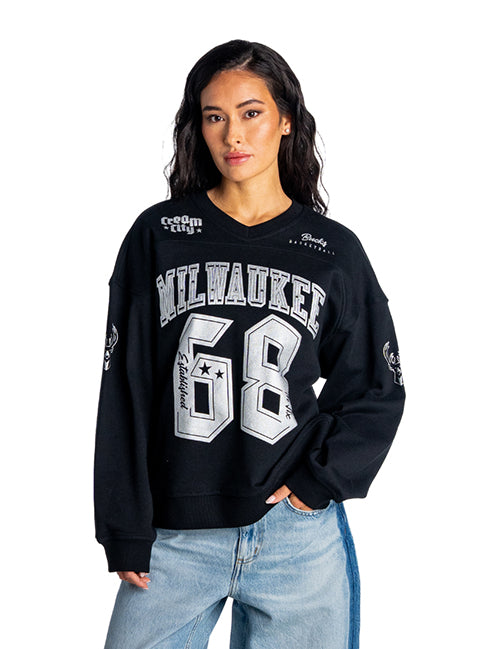 Women's Bucks In Six x The Wild Collective Flash Milwaukee Bucks Terry Crewneck Sweatshirt-front
