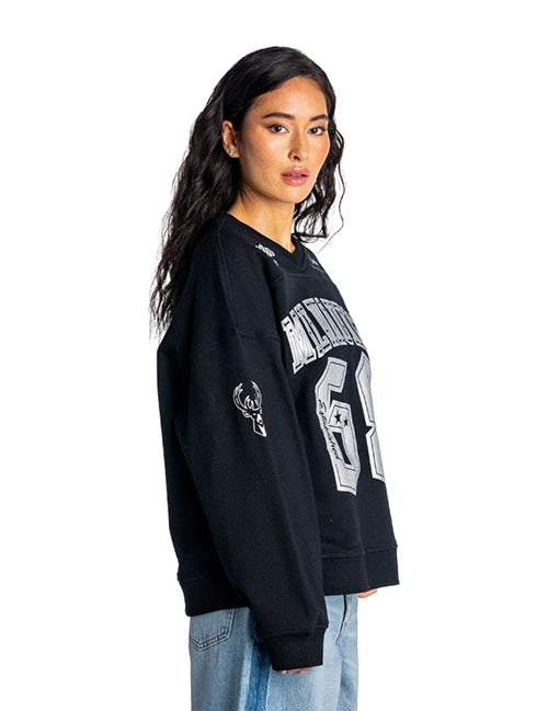 Women's Bucks In Six x The Wild Collective Flash Milwaukee Bucks Terry Crewneck Sweatshirt-left arm