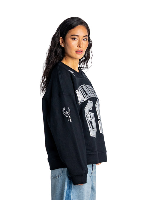 Women's Bucks In Six x The Wild Collective Flash Milwaukee Bucks Terry Crewneck Sweatshirt-left arm