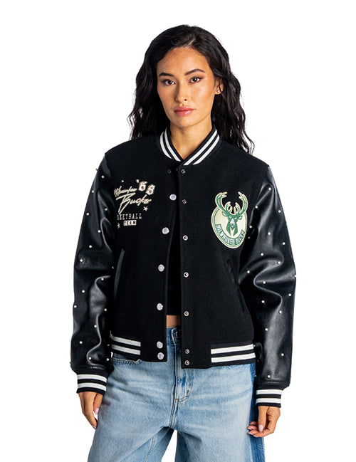 Women's Bucks In Six x The Wild Collective Flash Milwaukee Bucks Varsity Jacket-front