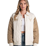 Bucks In Six x The Wild Collective Dunes Milwaukee Bucks Quilted Nylon Jacket-front, female model