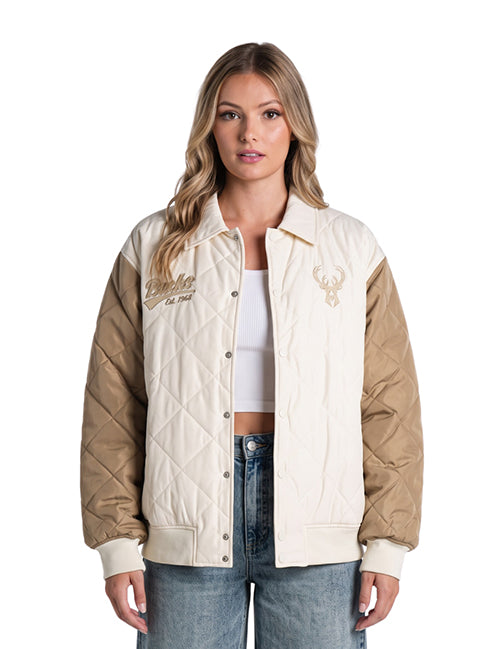 Bucks In Six x The Wild Collective Dunes Milwaukee Bucks Quilted Nylon Jacket-front, female model