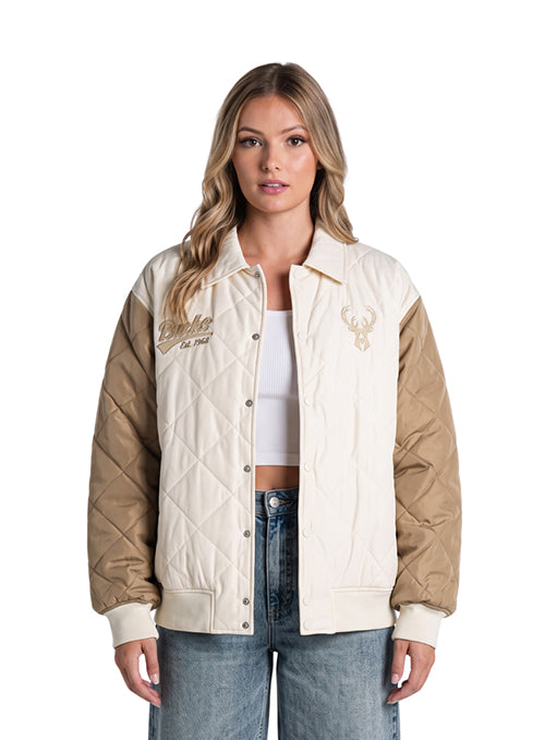 Bucks In Six x The Wild Collective Dunes Milwaukee Bucks Quilted Nylon Jacket-front, female model