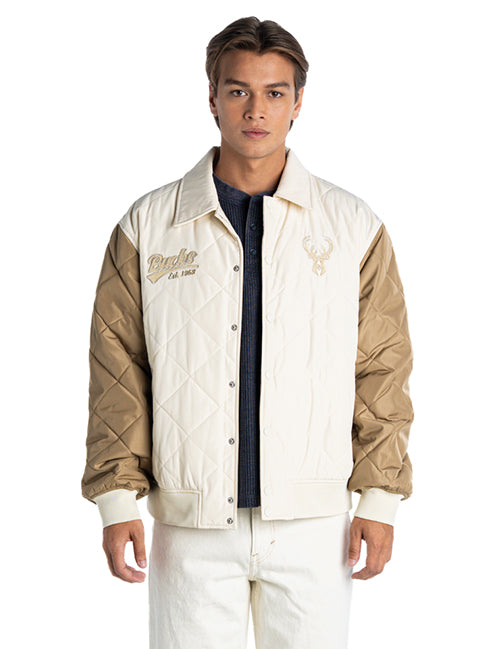 Bucks In Six x The Wild Collective Dunes Milwaukee Bucks Quilted Nylon Jacket-front, male model
