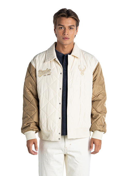 Bucks In Six x The Wild Collective Dunes Milwaukee Bucks Quilted Nylon Jacket-front, male model