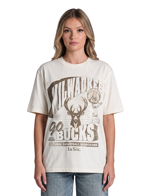 Bucks In Six x The Wild Collective Dunes Milwaukee Bucks Graphic T-Shirt-front, female model
