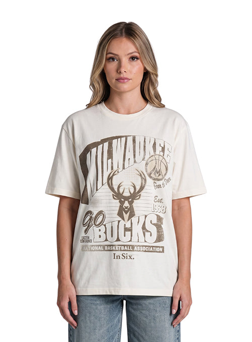 Bucks In Six x The Wild Collective Dunes Milwaukee Bucks Graphic T-Shirt-front, female model