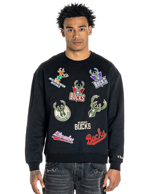Bucks In Six x The Wild Collective Logos Milwaukee Bucks Crewneck Sweatshirt-front, male model