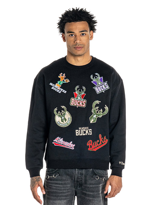 Bucks In Six x The Wild Collective Logos Milwaukee Bucks Crewneck Sweatshirt-front, male model
