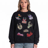 Bucks In Six x The Wild Collective Logos Milwaukee Bucks Crewneck Sweatshirt- front, female model