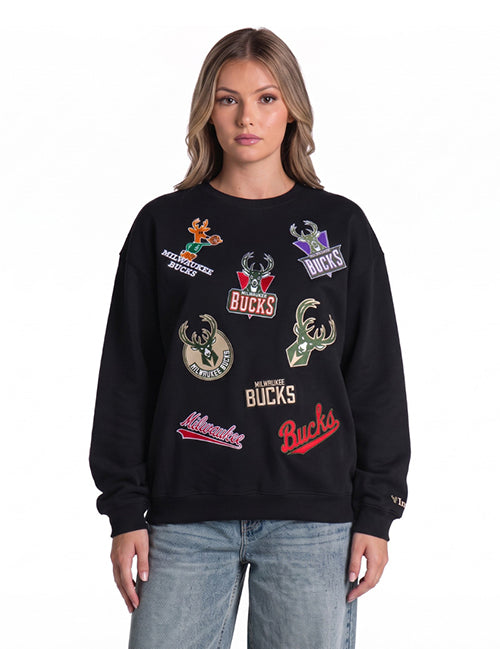 Bucks In Six x The Wild Collective Logos Milwaukee Bucks Crewneck Sweatshirt- front, female model