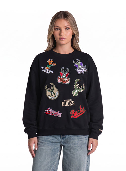 Bucks In Six x The Wild Collective Logos Milwaukee Bucks Crewneck Sweatshirt- front, female model