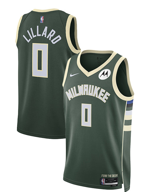 Nike 2022 Icon Edition Damian Lillard Milwaukee Bucks Swingman Jersey-collage