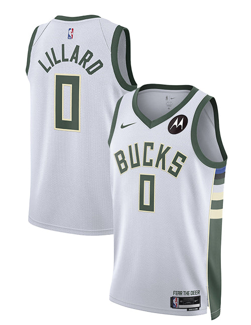 Nike 2022 Association Edition Damian Lillard Milwaukee Bucks Swingman Jersey-collage