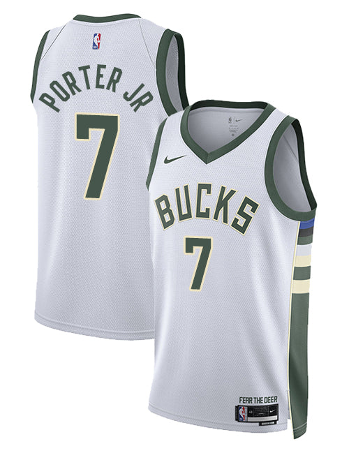 Nike 2022 Association Edition Kevin Porter Jr Milwaukee Bucks Swingman Jersey-collage