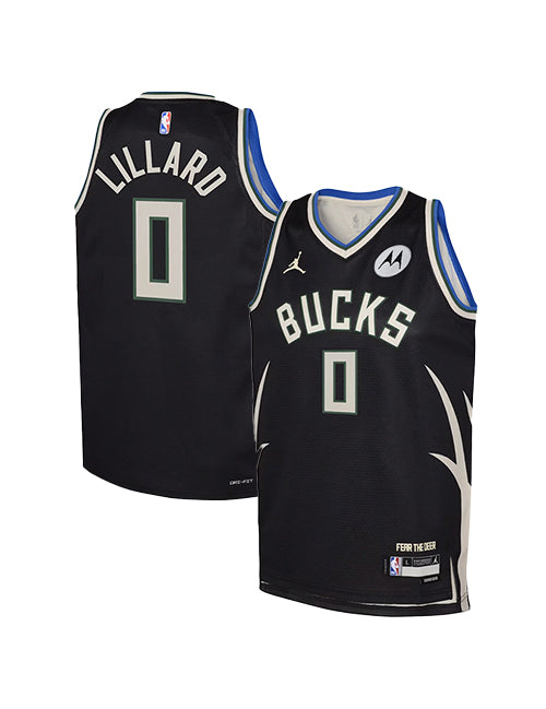 Youth Jordan 2022 Statement Edition Damian Lillard Milwaukee Bucks Swingman Jersey-collage