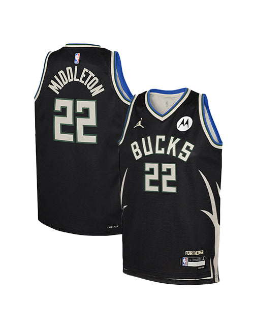 Youth Jordan 2022 Statement Edition Khris Middleton Milwaukee Bucks Swingman Jersey-collage