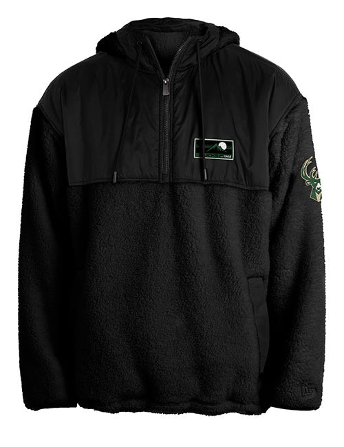 New Era 1/2 Zip Hood Pieced Sherpa Black Milwaukee Bucks Sweater in Black - Front View