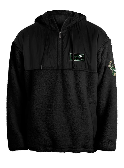 New Era 1/2 Zip Hood Pieced Sherpa Black Milwaukee Bucks Sweater in Black - Front View