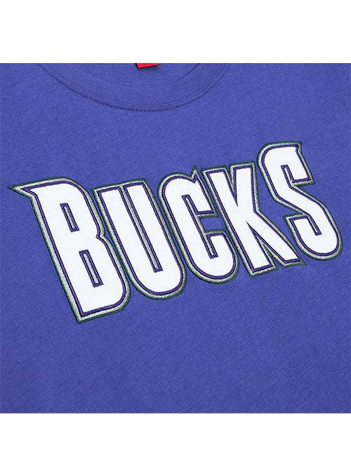 Mitchell & Ness HWC '93 Color Blocked Milwaukee Bucks T-Shirt in Purple and Grey - Zoom View Logo