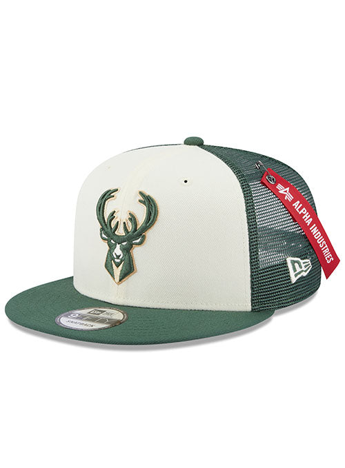 New Era Alpha Industries 9Fifty E1 Milwaukee Bucks Snapback in White - Angled Left Side View