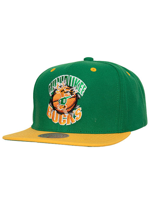 Mitchell & Ness HWC '68 Breakthrough Milwaukee Bucks Snapback Hat in Green and Gold - Angled Left Side View