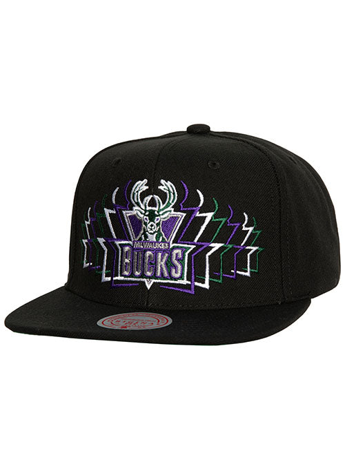 Mitchell & Ness HWC '93 Team Vibes Milwaukee Bucks Snapback Hat in Black - Angled Left Side View