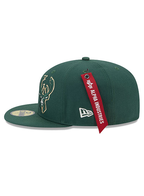 New Era Alpha Industries 59Fifty E1 Milwaukee Bucks Fitted Hat in Green - Left Side View