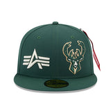 New Era Alpha Industries 59Fifty E1 Milwaukee Bucks Fitted Hat in Green - Front View