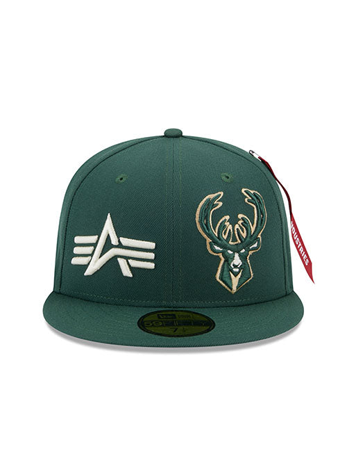 New Era Alpha Industries 59Fifty E1 Milwaukee Bucks Fitted Hat in Green - Front View