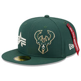 New Era Alpha Industries 59Fifty E1 Milwaukee Bucks Fitted Hat in Green - Angled Left Side View