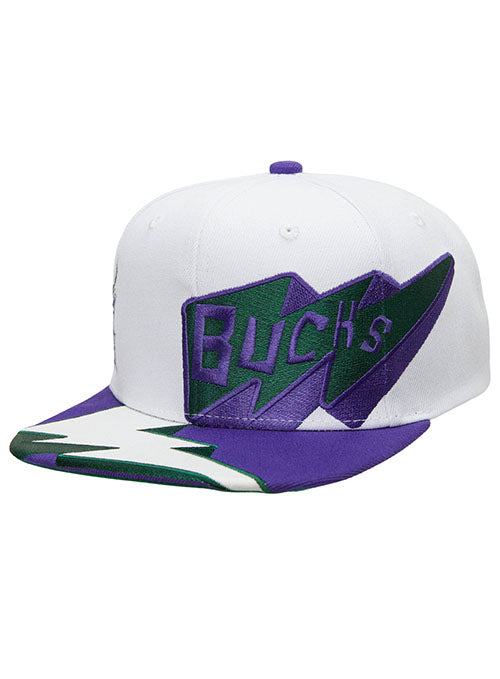 Mitchell & Ness HWC '93 Fast Times Milwaukee Bucks Snapback Hat in White, Green, and Purple - Angled Left Side View