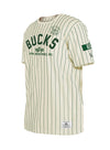 Products New Era Alpha Industries Pinstripe Milwaukee Bucks T-Shirt in White - Angled Left Side View