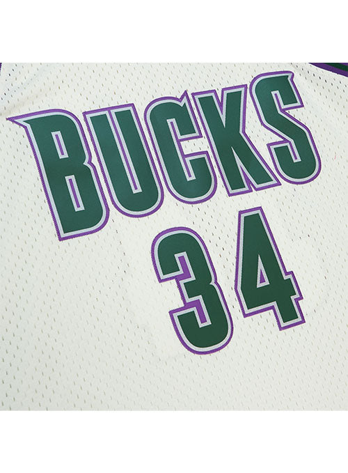 Mitchell & Ness HWC '93 Energy Ray Allen Milwaukee Bucks Swingman Jersey in Cream, Purple, and Green - Zoom View Logo