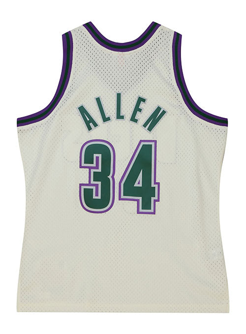 Mitchell & Ness HWC '93 Energy Ray Allen Milwaukee Bucks Swingman Jersey in Cream, Purple, and Green - Back View