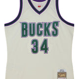 Mitchell & Ness HWC '93 Energy Ray Allen Milwaukee Bucks Swingman Jersey in Cream, Purple, and Green - Front View