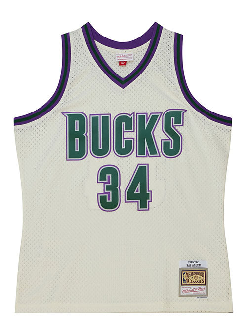 Mitchell & Ness HWC '93 Energy Ray Allen Milwaukee Bucks Swingman Jersey in Cream, Purple, and Green - Front View