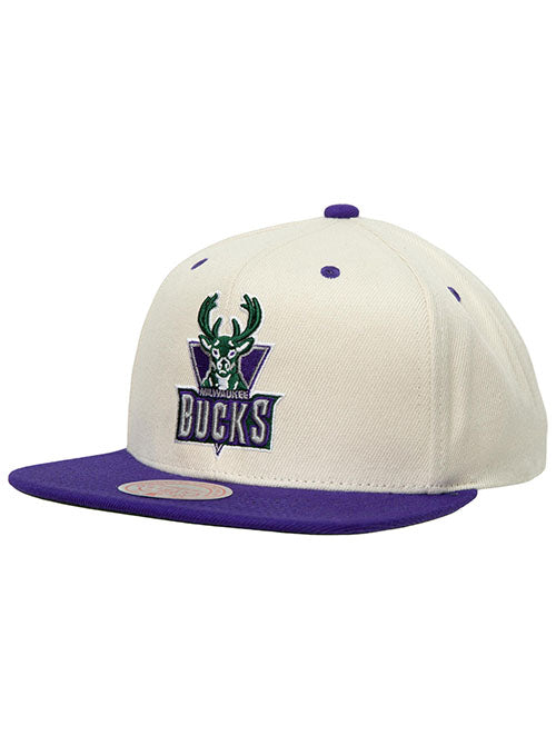 Mitchell & Ness 2-Tone HWC '93 Energy Milwaukee Bucks Snapback Hat in Cream and Purple - Angled Left Side View